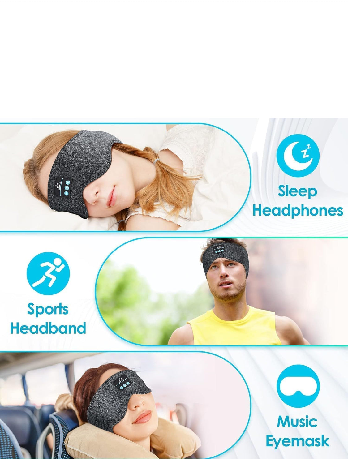 Bluetooth Sleep Headphones Headband - Wireless Music Sleep Mask witth HD Stereo Sound for Side Sleepers, Sports & Relaxation