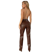 Stretch Leather Pants Women Casual PU Leather Pants Trousers Female