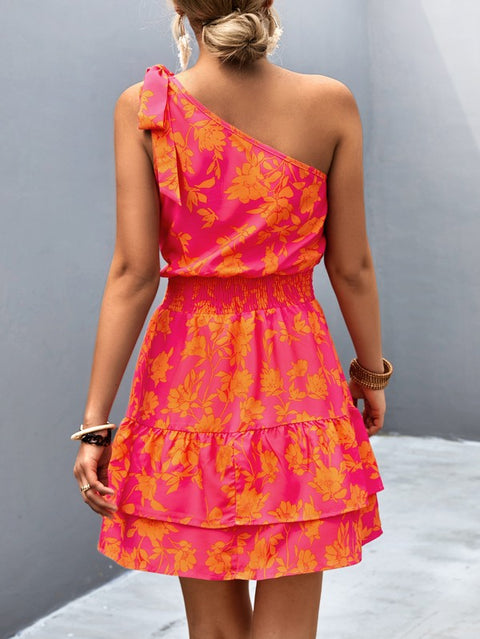 Womens Summer One Shoulder Flowy Short Dresses