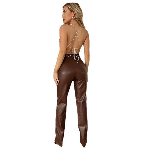 Stretch Leather Pants Women Casual PU Leather Pants Trousers Female