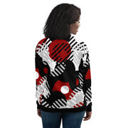Womens Bomber Jacket - Black Red and Grey Geometric Style