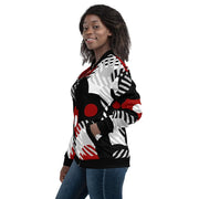 Womens Bomber Jacket - Black Red and Grey Geometric Style