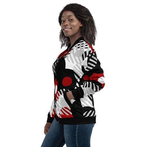 Womens Bomber Jacket - Black Red and Grey Geometric Style