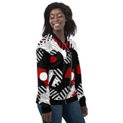 Womens Bomber Jacket - Black Red and Grey Geometric Style