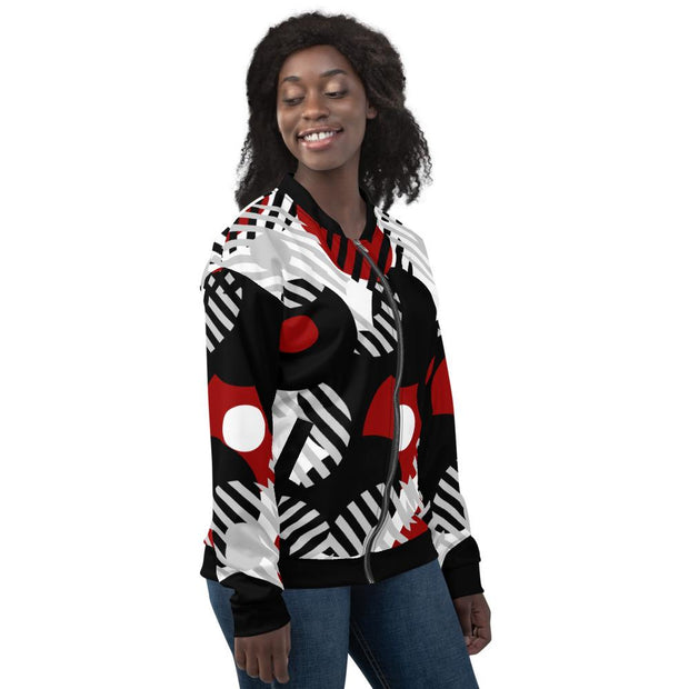 Womens Bomber Jacket - Black Red and Grey Geometric Style