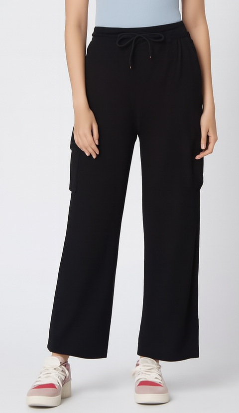 Comfort Fit Wide Leg Cargo Trousers for Women-Black (Size-M)