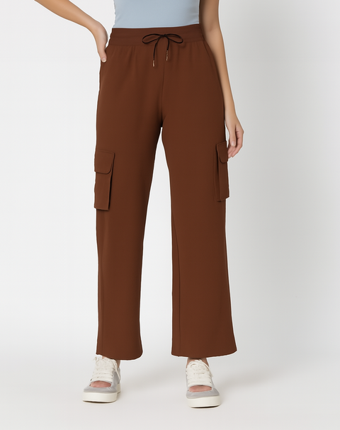 Comfort Fit Wide Leg Cargo Trousers for Women-Brown (Size-2XL)