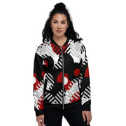 Womens Bomber Jacket - Black Red and Grey Geometric Style